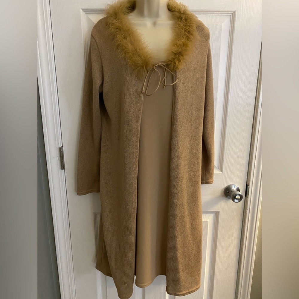 Light taupe/beige dress with sweater cover with faux fur